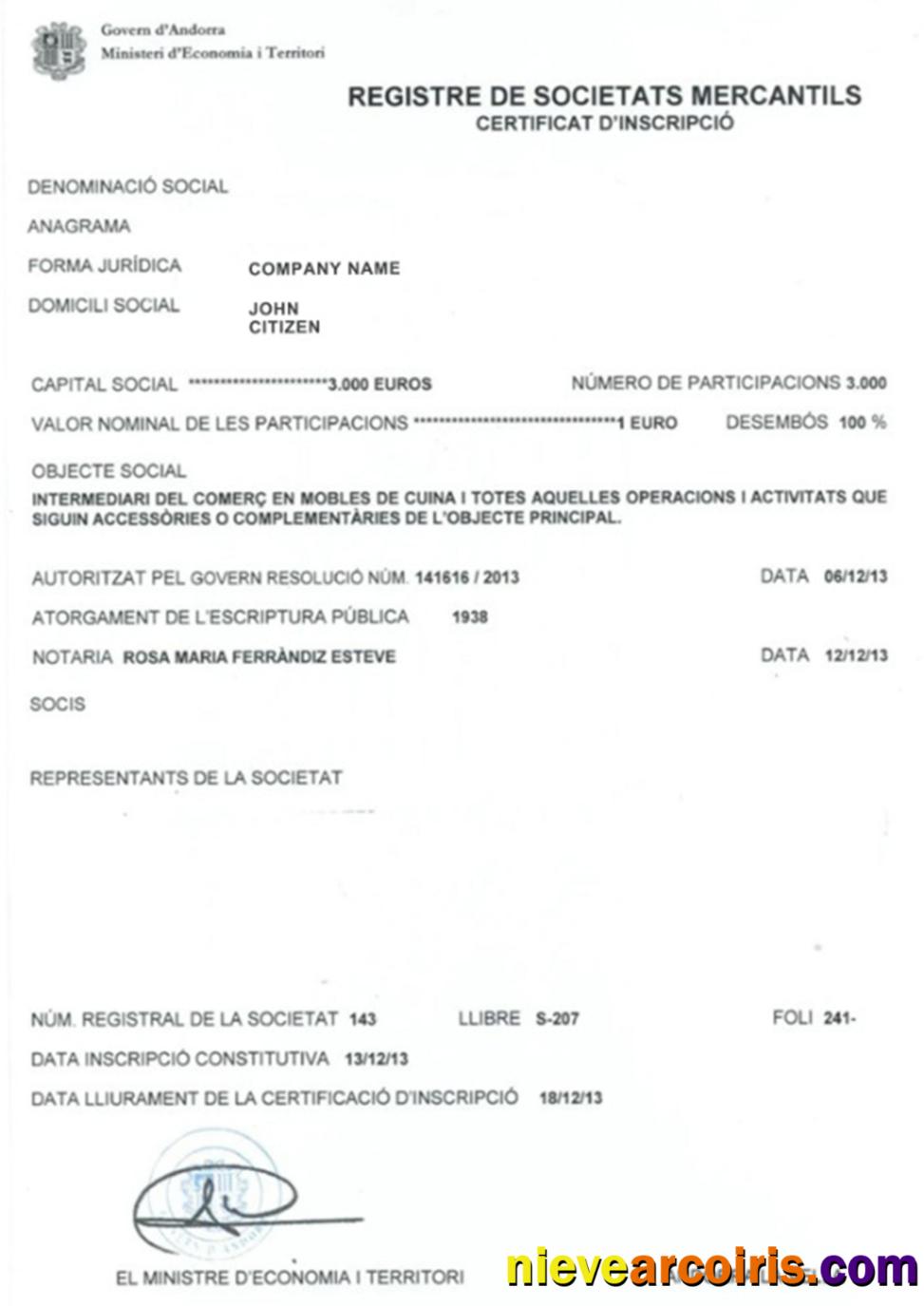 Andorra Business Registration Certificate
